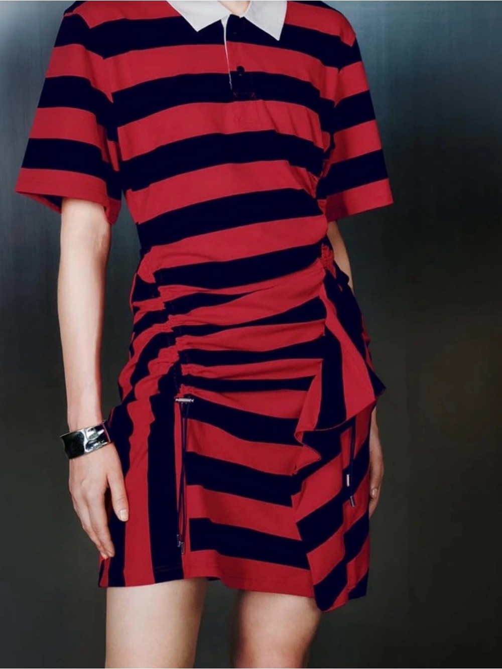 Urban Revivo Red & Navy Striped Ruched Polo Mini Dress NWT Size S